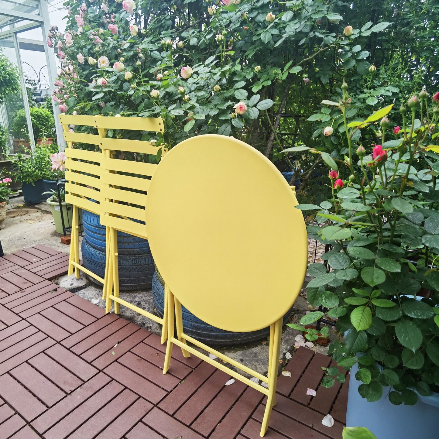 3 Piece Patio Bistro Set Of Foldable Round Table And Chairs - Yellow