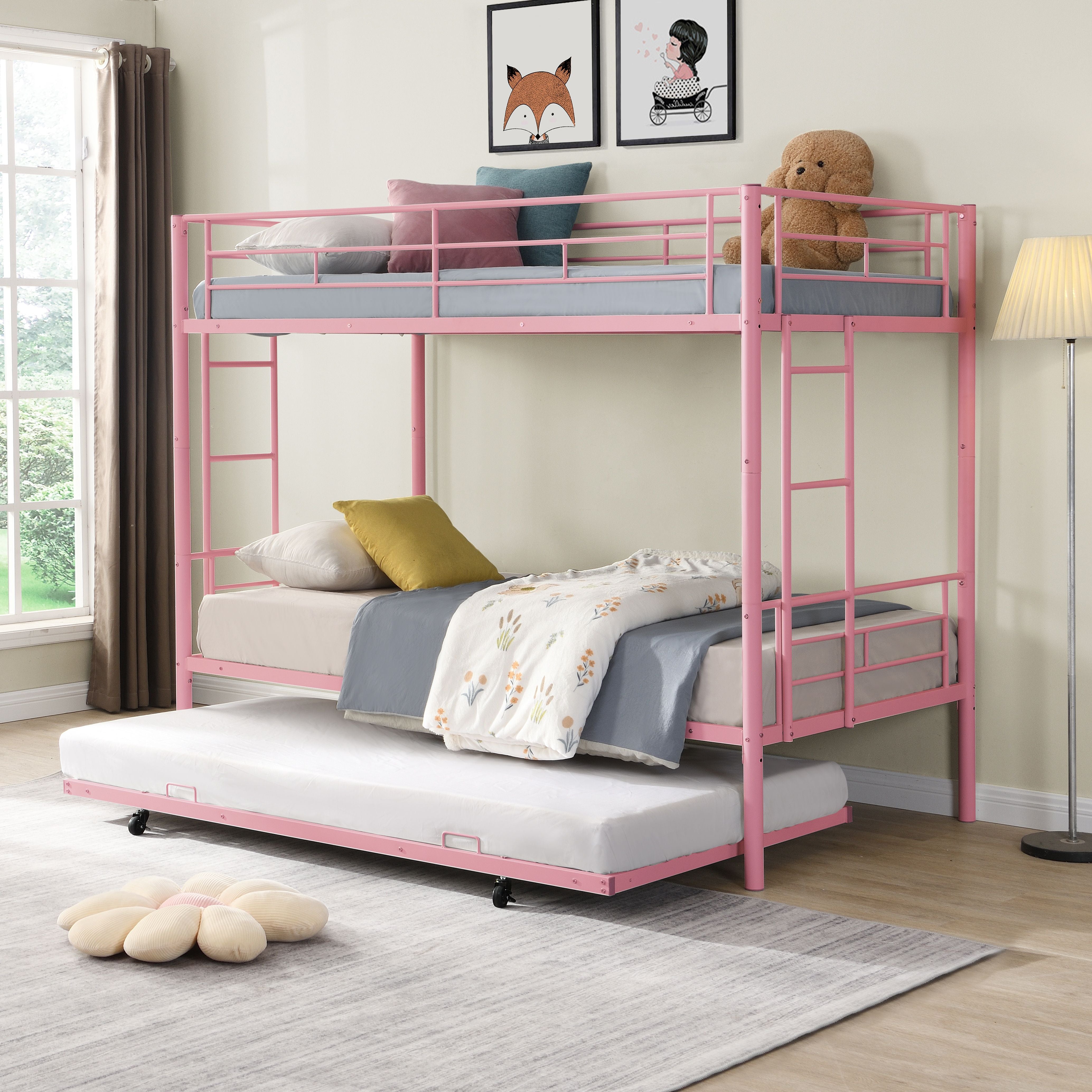 Modern Metal Bunk Bed With Trundle, Durable Steel, Twin Over Twin - Pink