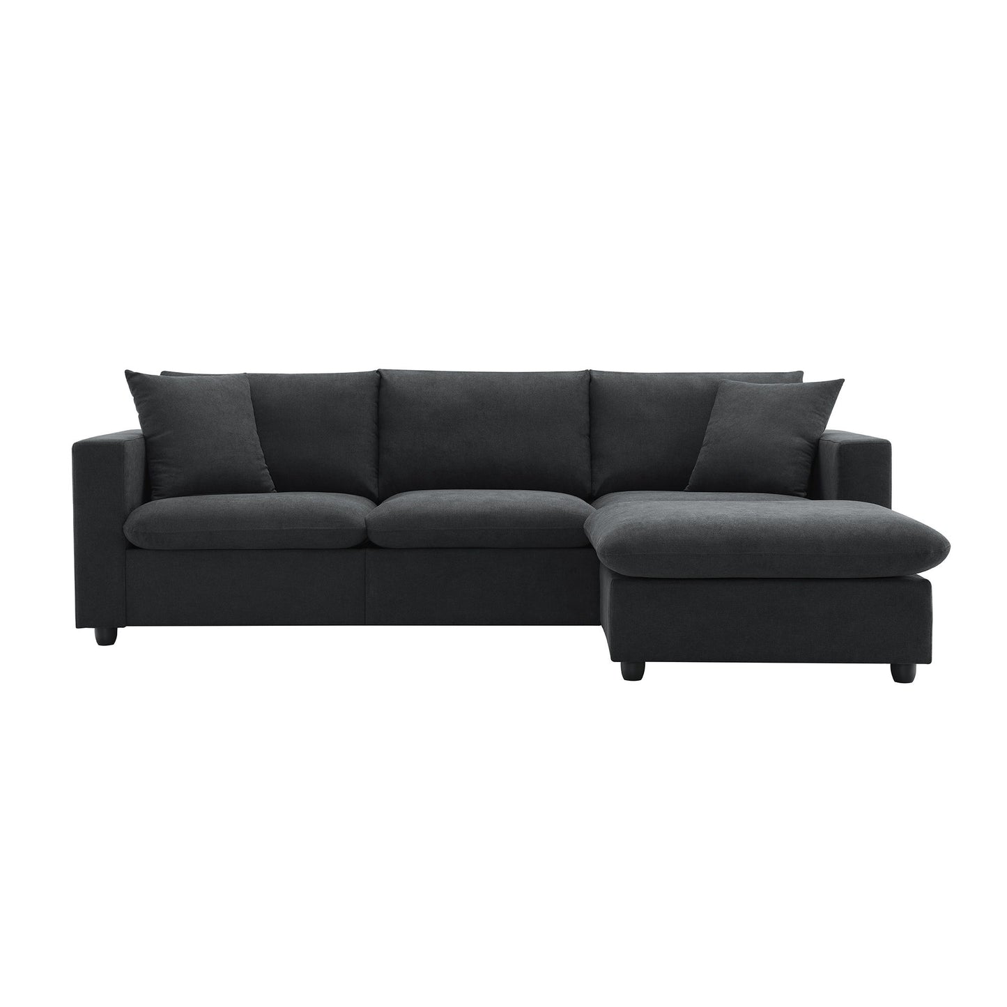 Modern Sectional Sofa, L-Shaped Couch Set With 2 Free Pillows, 4 Seat Polyester Fabric Couch Set With Convertible Ottoman - Black