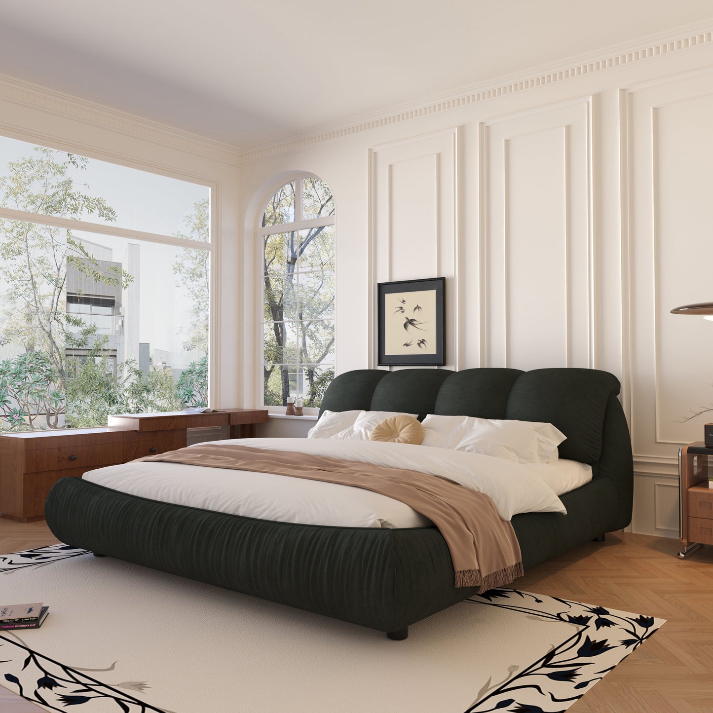 King Size Luxury Upholstered Platform Bed With Oversized Padded Backrest And Solid Wood Frame, Suitable For Multiple Heights Of Mattresses - Black