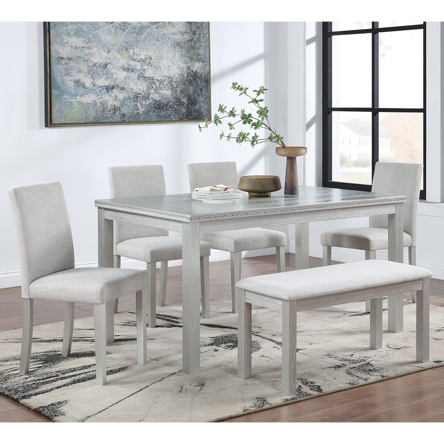 6 Piece Wooden Dining Table Set, Wooden Dining Table With 4 Upholstered Chairs And Bench For 6 People, Rectangular Dining Table Set With Crystal Decoration For Kitchen, Dining Room - Silver Gray