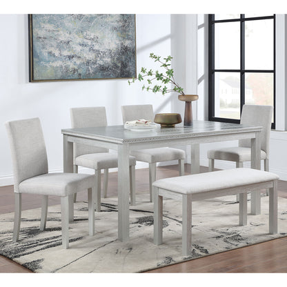 6 Piece Wooden Dining Table Set, Wooden Dining Table With 4 Upholstered Chairs And Bench For 6 People, Rectangular Dining Table Set With Crystal Decoration For Kitchen, Dining Room - Silver Gray