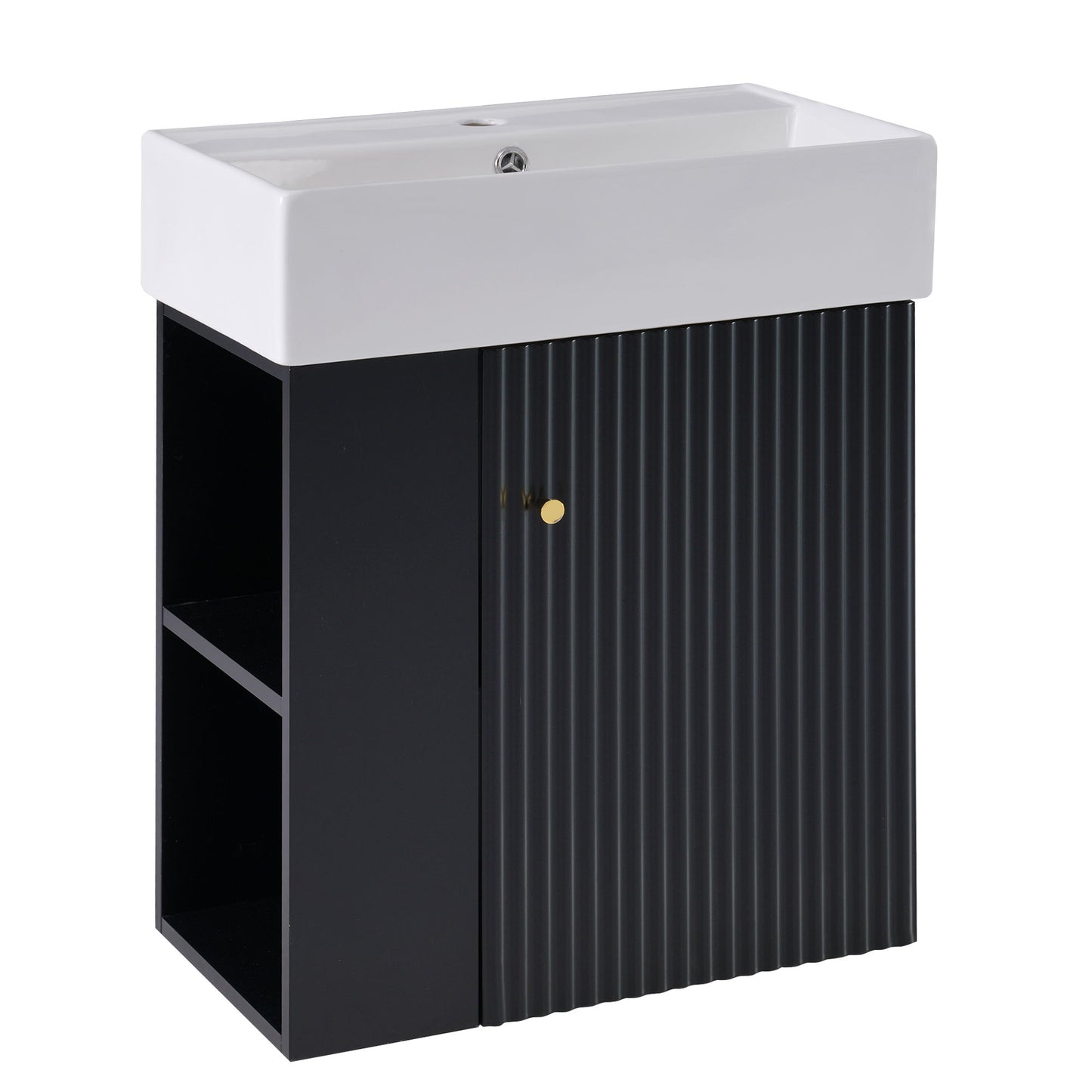 Modern Floating Bathroom Vanity With Ceramic Basin, Perfect For Small Bathrooms, Left Side Storage - Black