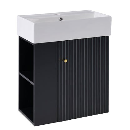 Modern Floating Bathroom Vanity With Ceramic Basin, Perfect For Small Bathrooms, Left Side Storage - Black