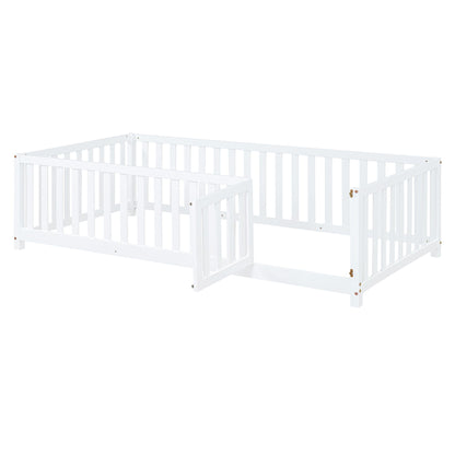 Twin Size Daybed With Fence Guardrails And 2 Drawers, Split Into Independent Floor Bed & Daybed - White