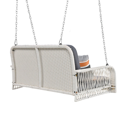 PE Wicker Porch Swing, 2 Seater Hanging Bench With Chains, Patio Furniture Swing For Backyard Garden Poolside - White / Gray
