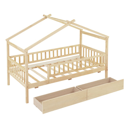 Twin Size House Bed With 2 Drawers - Natural