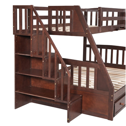 Twin Over Full Bunk Bed With Drawers, Ladder And Storage Staircase - Espresso
