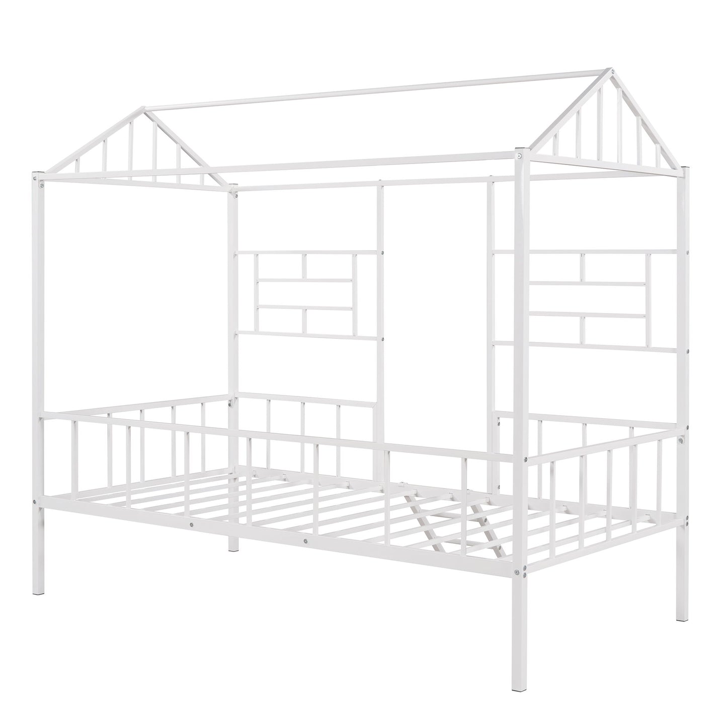 House Bed Frame Twin Size With Slatted Support No Box Spring Needed - White