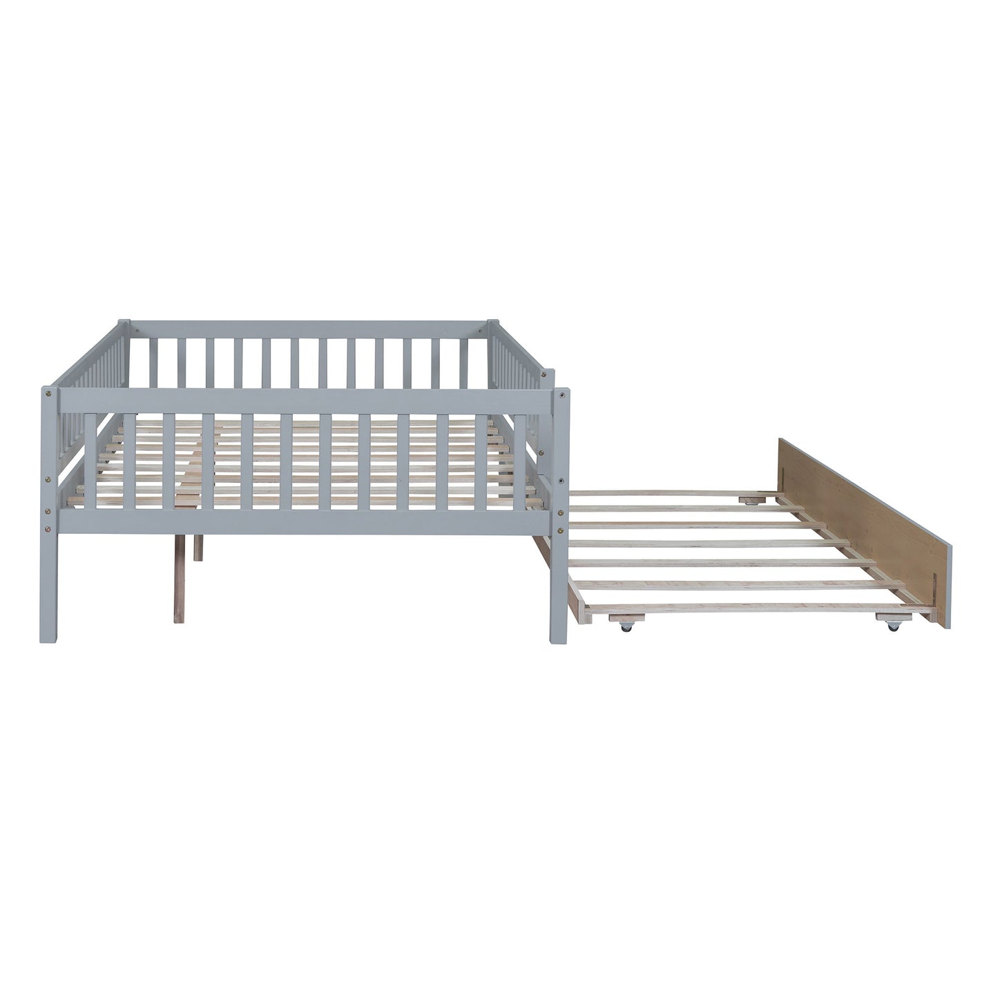 Full Size Daybed With Trundle And Fence Guardrails - Gray