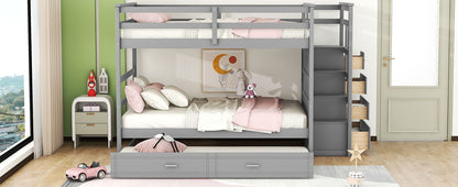 Full Over Full Bunk Bed With Twin Size Trundle And Staircase - Gray