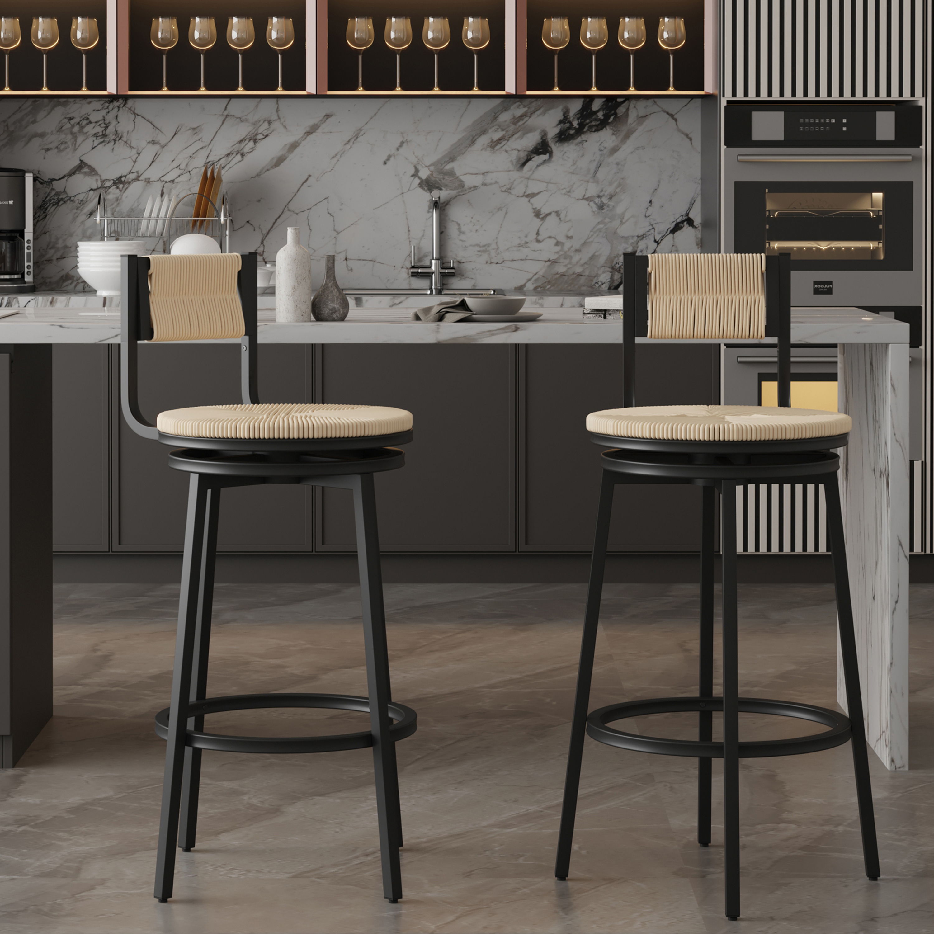 Bar Stools Swivel Counter Chairs With Metal Frame (Set of 2) Hand Woven Paper Rope Dining Barstools For Kitchen Counter - Creamy White