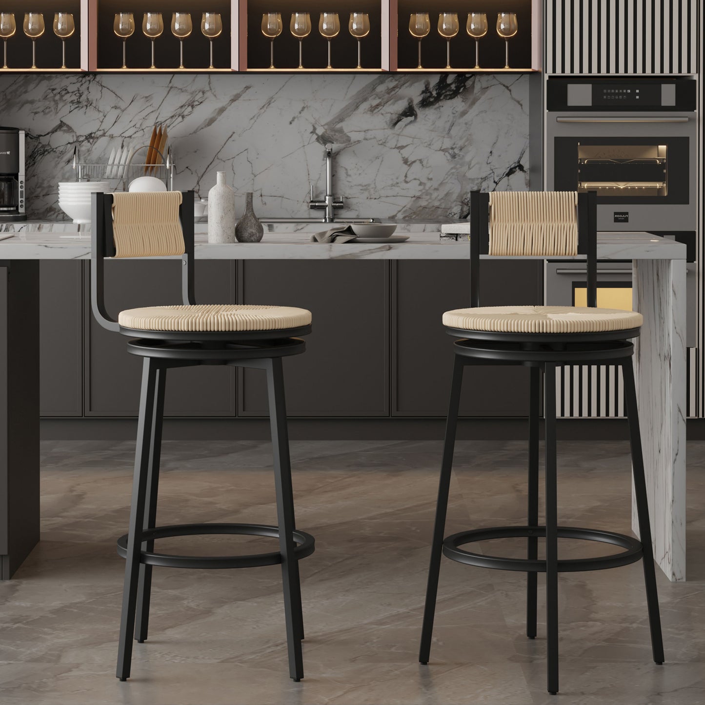 Bar Stools Swivel Counter Chairs With Metal Frame (Set of 2) Hand Woven Paper Rope Dining Barstools For Kitchen Counter - Creamy White