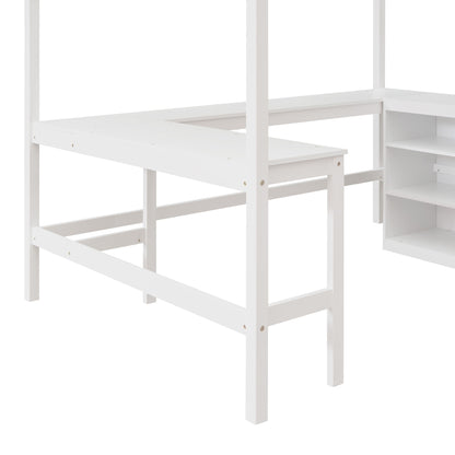 Full Size Loft Bed With Shelves With Desk - White