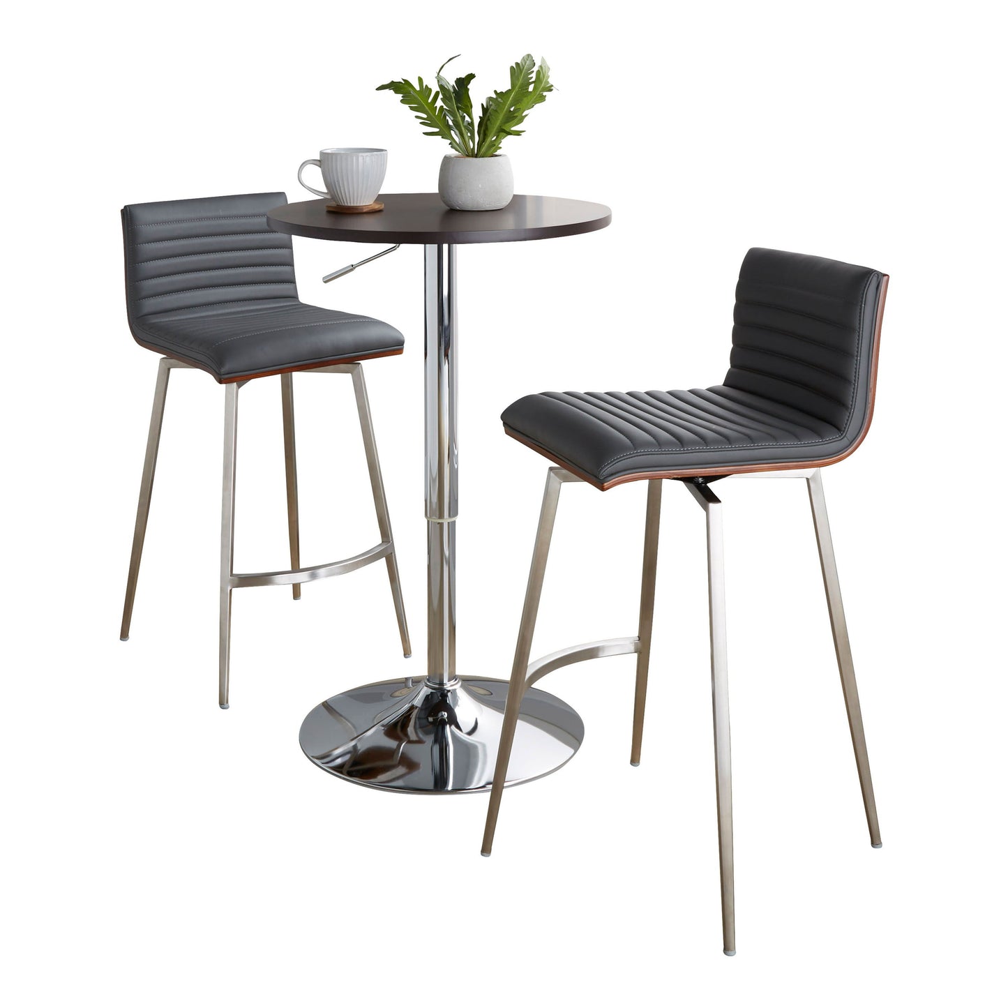 Mason - 3 Piece Swivel Mid-Century Modern Counter Height Dining Set With Adjustable Table - Chrome / Brown / Gray