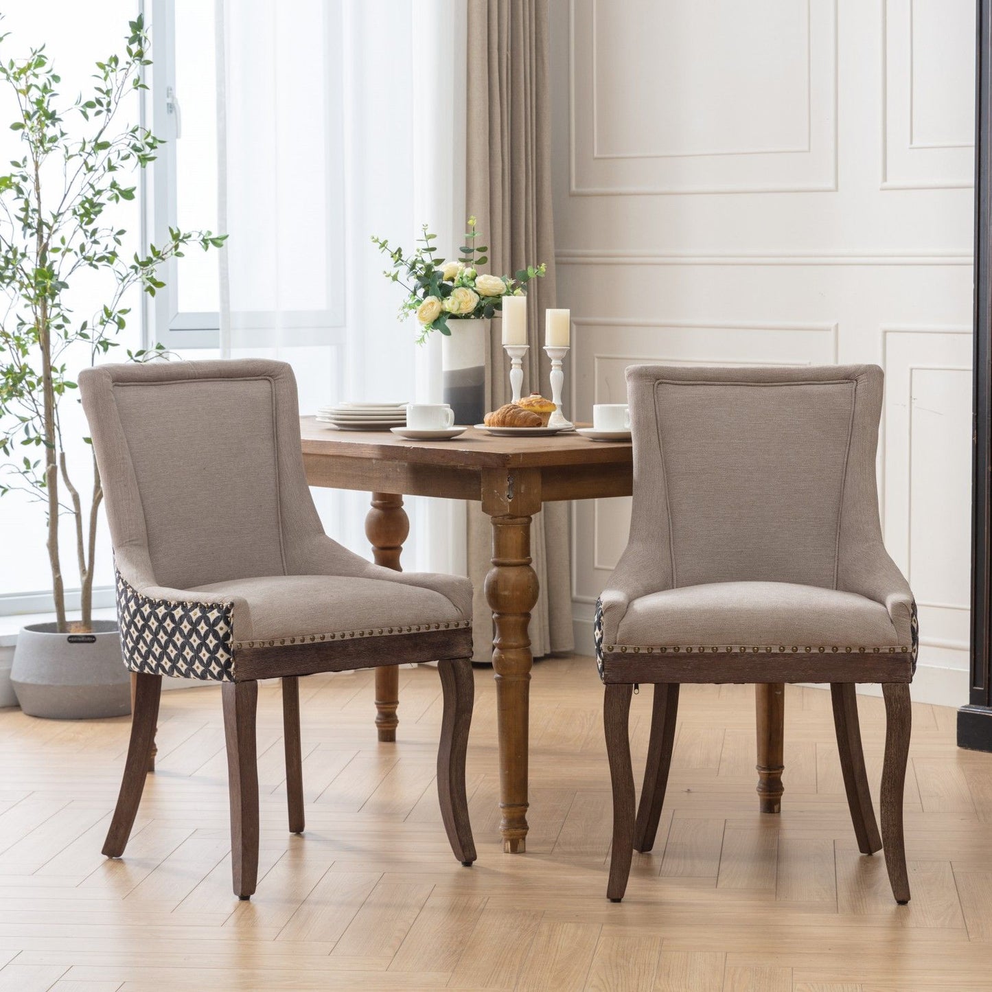 Ultra Side Dining Chair, Thickened Fabric Chairs With Neutrally Toned Solid Wood Legs, Bronze Nail Head, (Set of 2) - Beige / Patterned