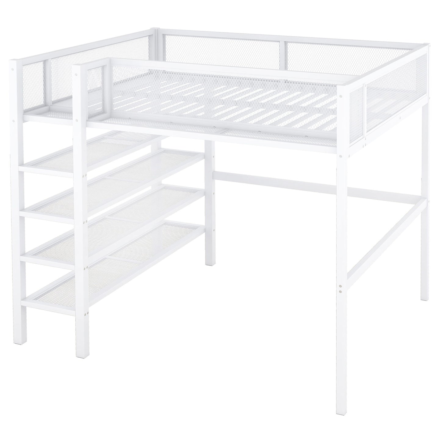 Full Size Loft Bed With 4 Tier Shelves And Storage - White