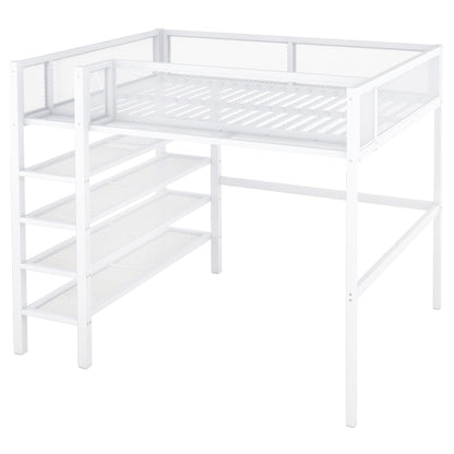 Full Size Loft Bed With 4 Tier Shelves And Storage - White