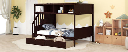 Twin Over Full Bunk Bed With Shelfs, Storage Staircase And 2 Drawers - Espresso