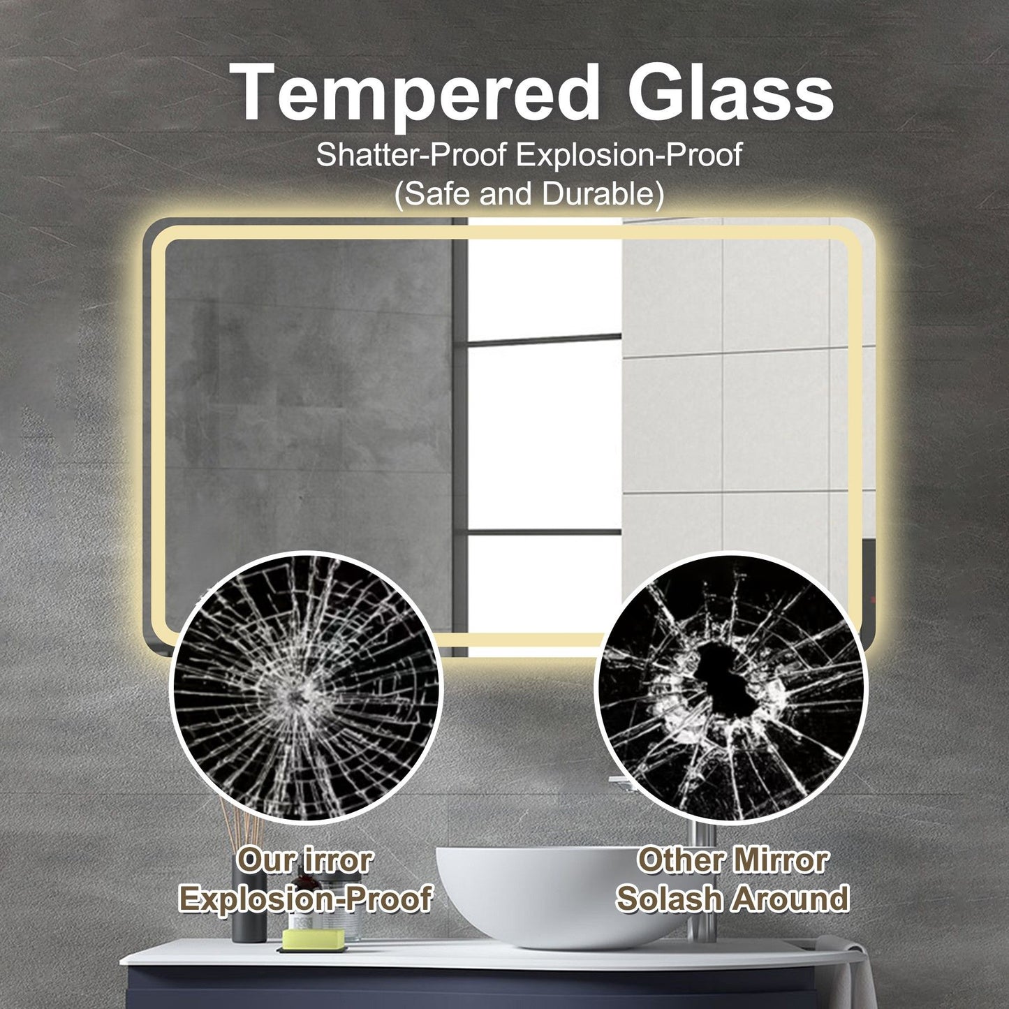 Bathroom Mirror With LED Lights Front And Backlit, Anti-Fog Lighted Vanity Mirrors For Wall Mounted And 5 Level Dimmable, Horizontal / Vertical - Clear
