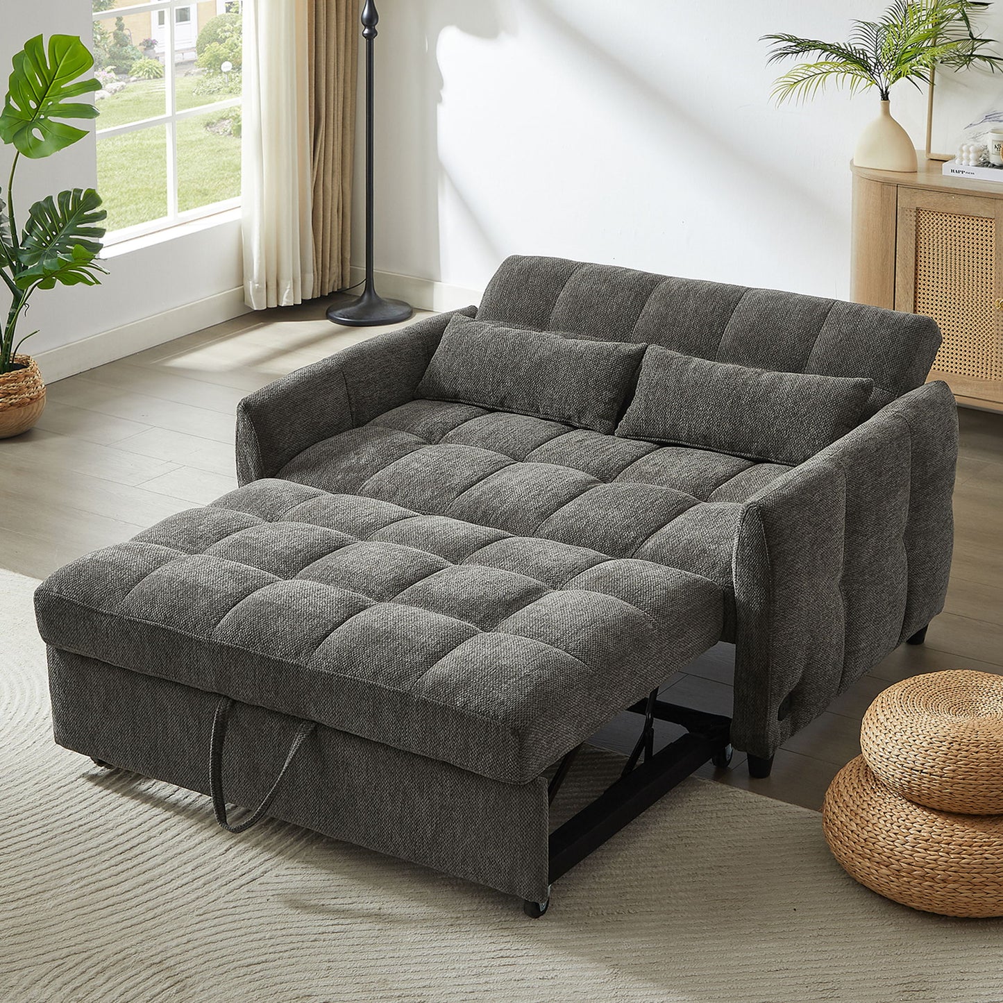 Loveseat Sofa Pull Out Sofa Bed Tufted Sleeper Sofa With An Adjustable Backrest, 3 USB Ports And 2 Lumbar Pillows For Living Room - Gray