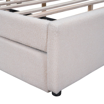 Queen Size Upholstered Platform Bed With Twin Long Trundle - Beige