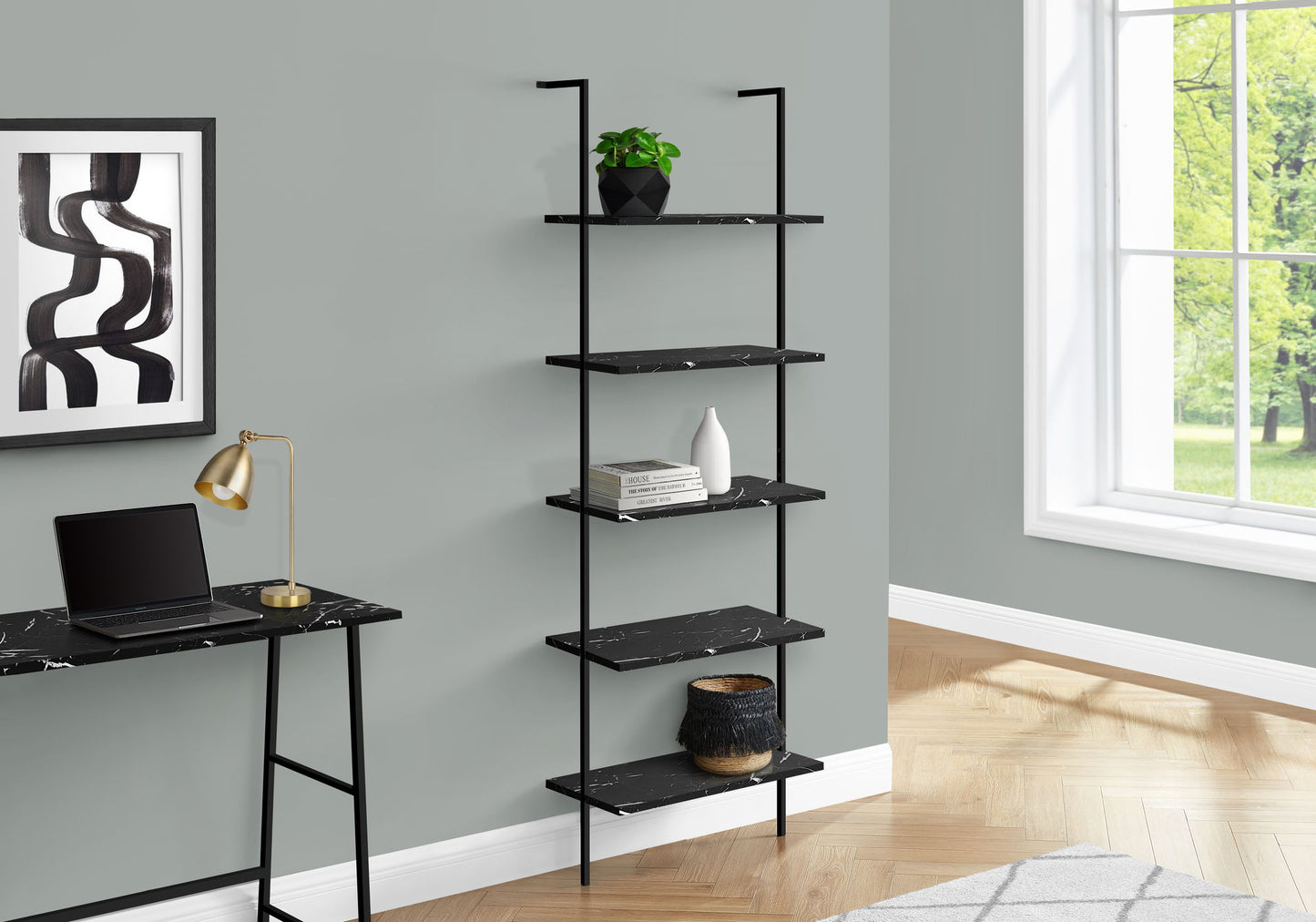 Bookshelf, Bookcase, Etagere, Ladder, 5 Tier, For Office, Marble Look Contemporary & Modern - Black