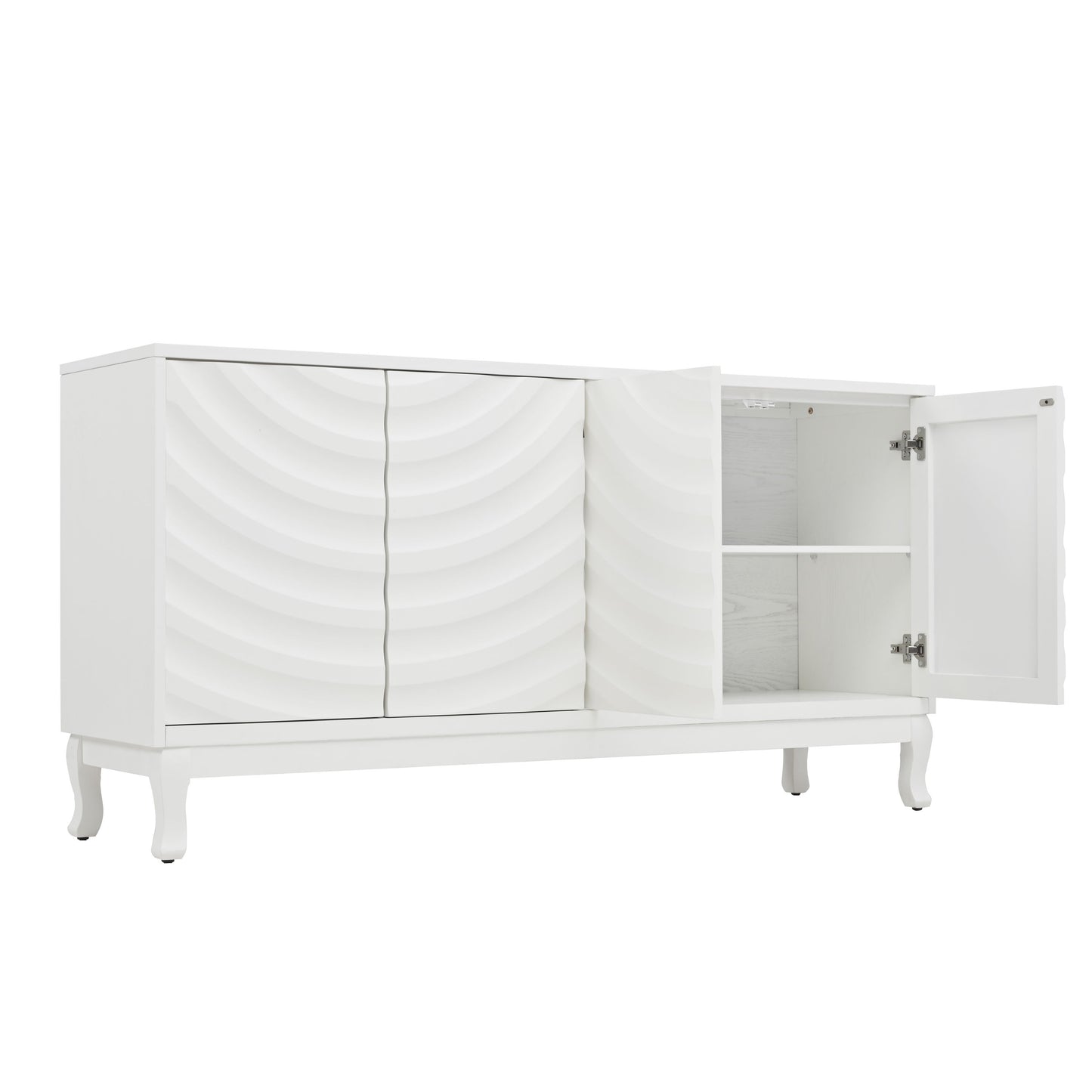 Elegant Sideboard With Sophisticated Wavy Pattern Doors And Arched Groove Design In A Stylish 4 Door Layout, Adjustable For Study, Entryway And Living Room - White