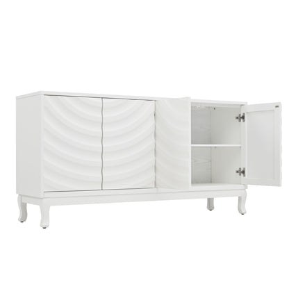 Elegant Sideboard With Sophisticated Wavy Pattern Doors And Arched Groove Design In A Stylish 4 Door Layout, Adjustable For Study, Entryway And Living Room - White