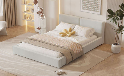 Queen Size Upholstered Platform Bed, Grounded Bed With Solid Frame - Beige