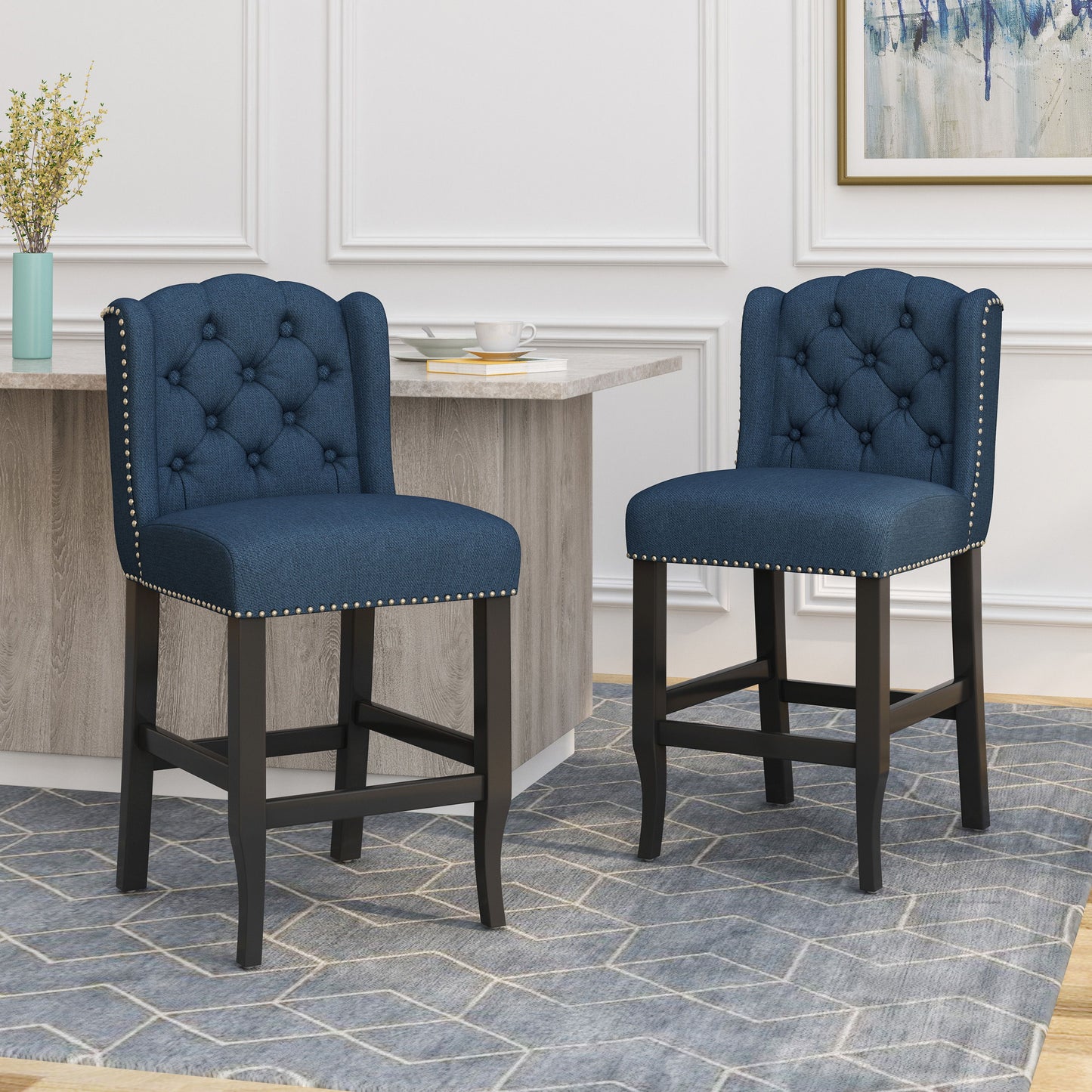 Solara - Fabric Tufted Counter Stool With Nailhead Accents (Set of 2) - Navy Blue