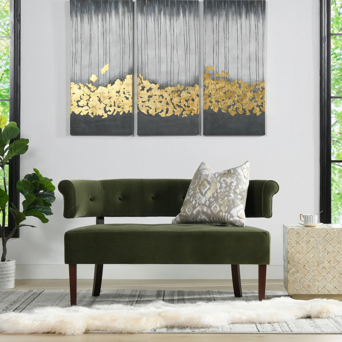 Jared - Roll Arm Tufted Bench Settee - Olive Green
