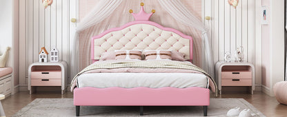 Full Size Lovely Crown Fantasy Leather Princess Bed With Tufted Headboard - Pink / Cream