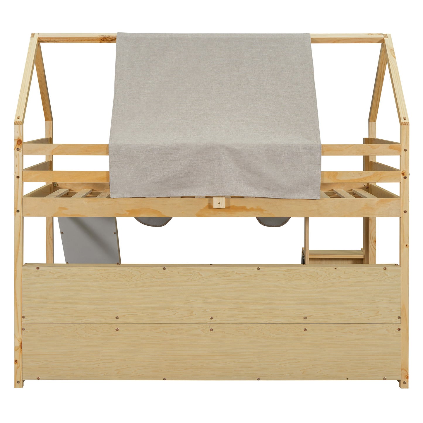 Twin Size Loft Bed With House Shaped Frame And Tent - Natural / Beige