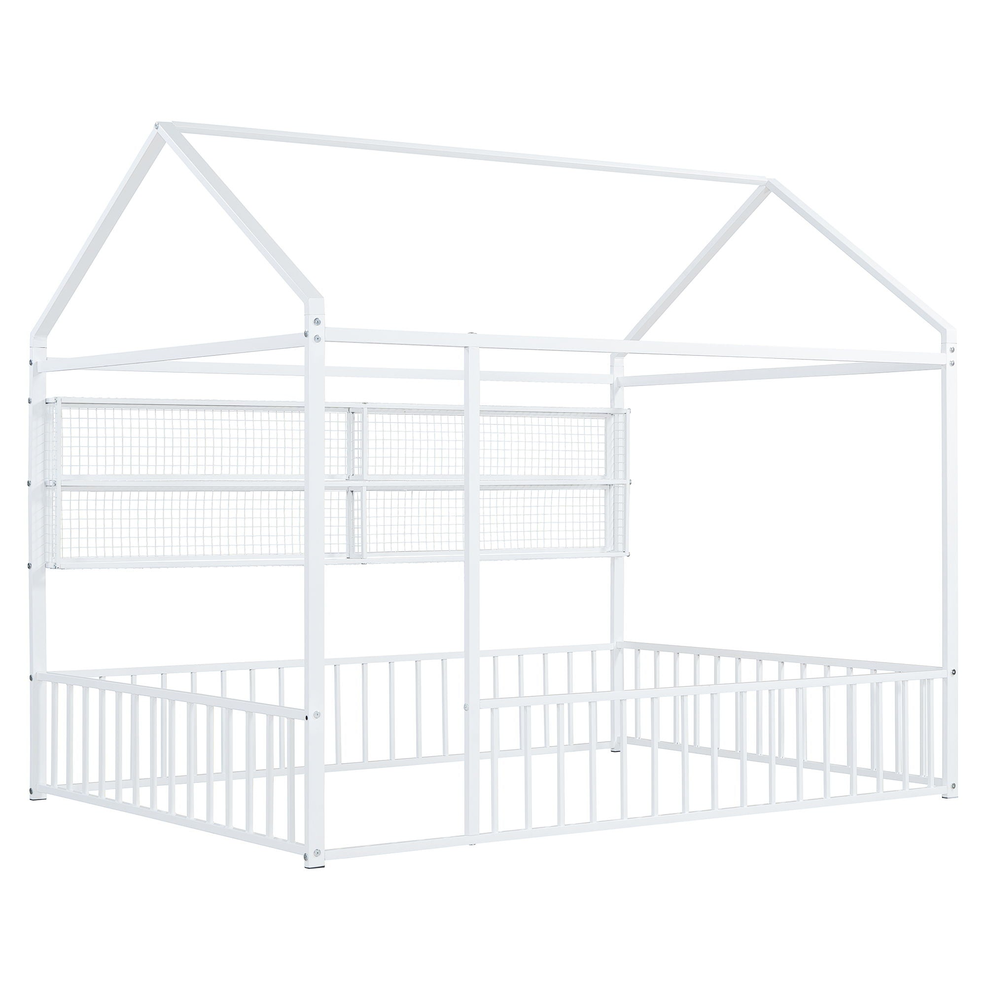 Full Size Bed House Frame With Fence And Shelves - White