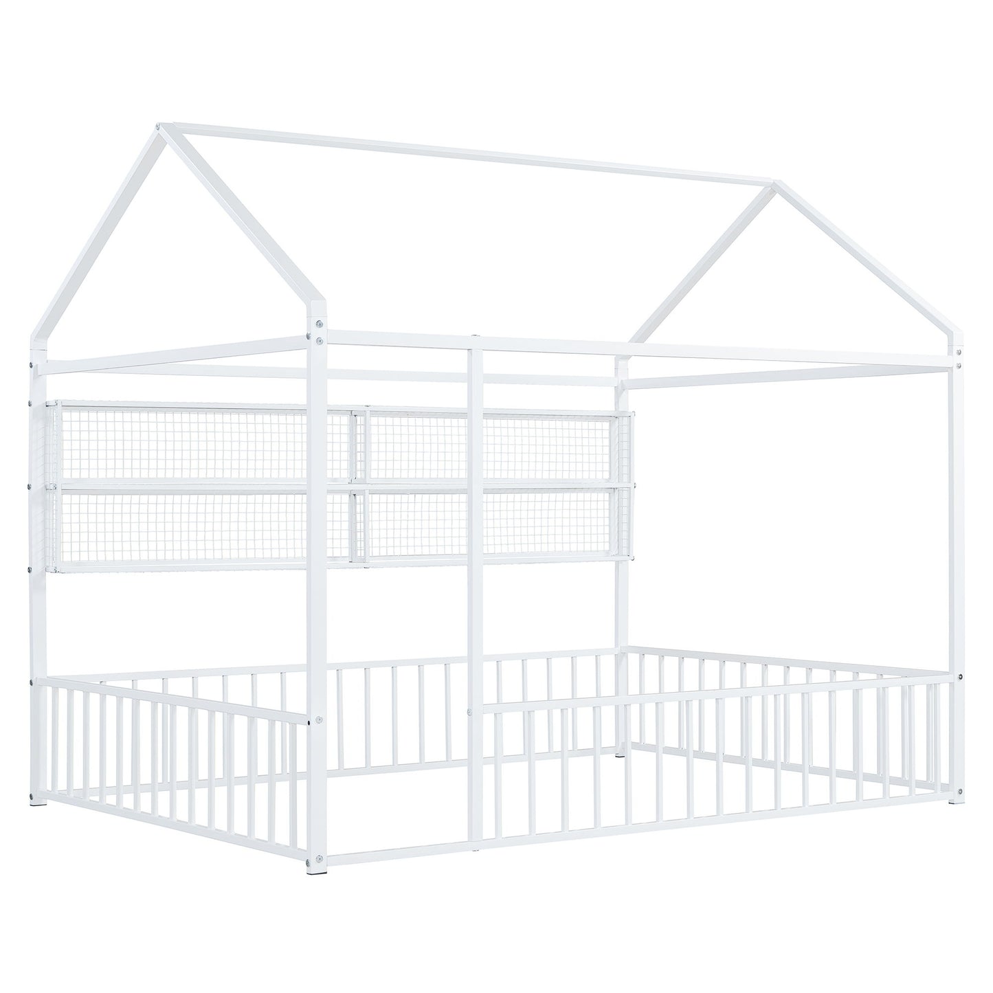 Full Size Bed House Frame With Fence And Shelves - White