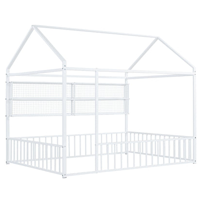 Full Size Bed House Frame With Fence And Shelves - White