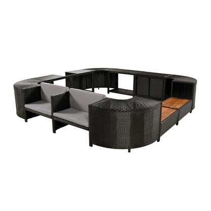 Spa Surround Spa Frame Quadrilateral Outdoor Rattan Sectional Sofa Set With Mini Sofa, Wooden Seats And Storage Spaces - Gray