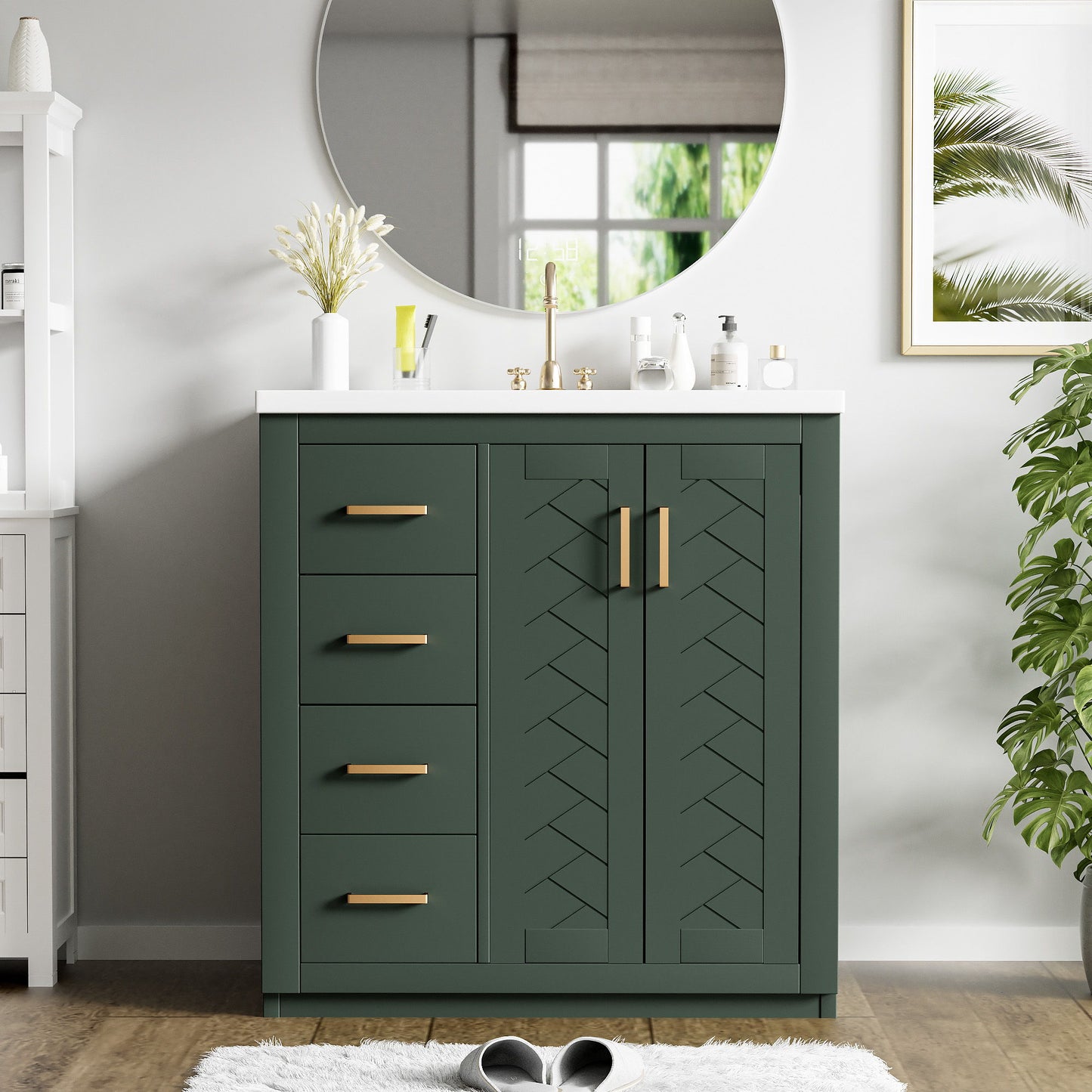 Bathroom Vanity With Ceramic Sink Combo, Frame Bathroom Storage Cabinet, Freestanding Vanity Set With 3 Drawers & Soft Closing Doors - Green
