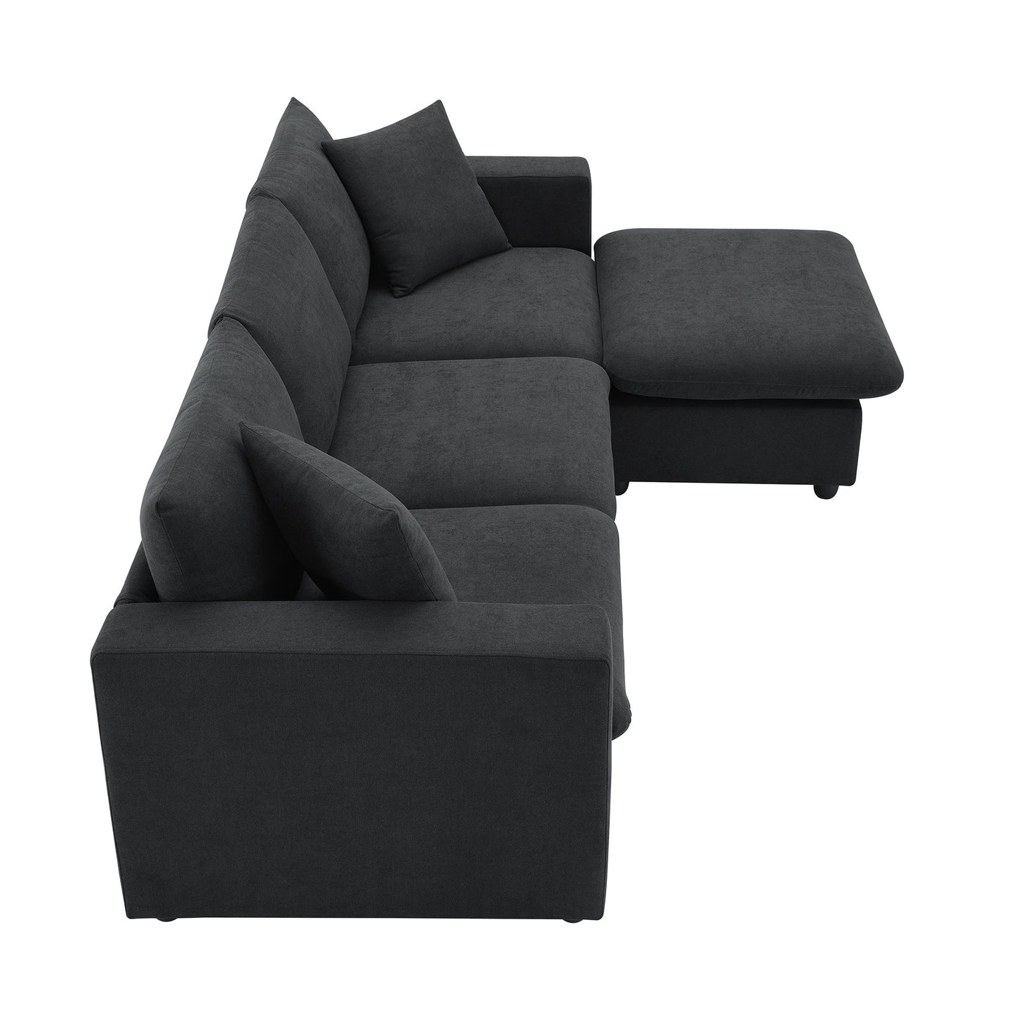 Modern Sectional Sofa, L-Shaped Couch Set With 2 Free Pillows, 4 Seat Polyester Fabric Couch Set With Convertible Ottoman - Black