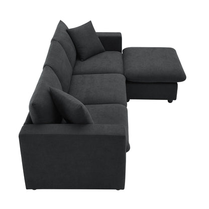 Modern Sectional Sofa, L-Shaped Couch Set With 2 Free Pillows, 4 Seat Polyester Fabric Couch Set With Convertible Ottoman - Black