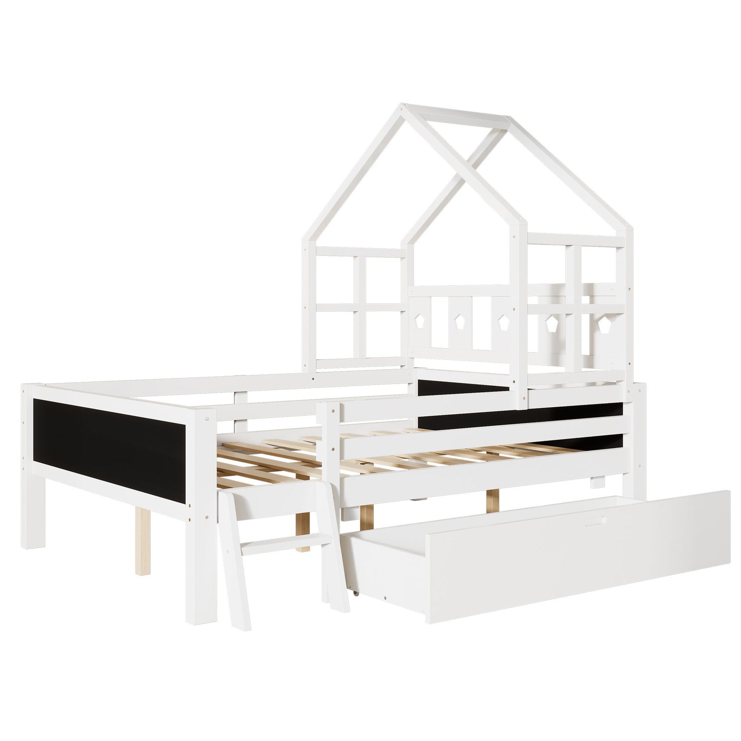 Full Size House Bed With Ladder And Storage Drawers Platform With Blackboard, No Box Spring - White
