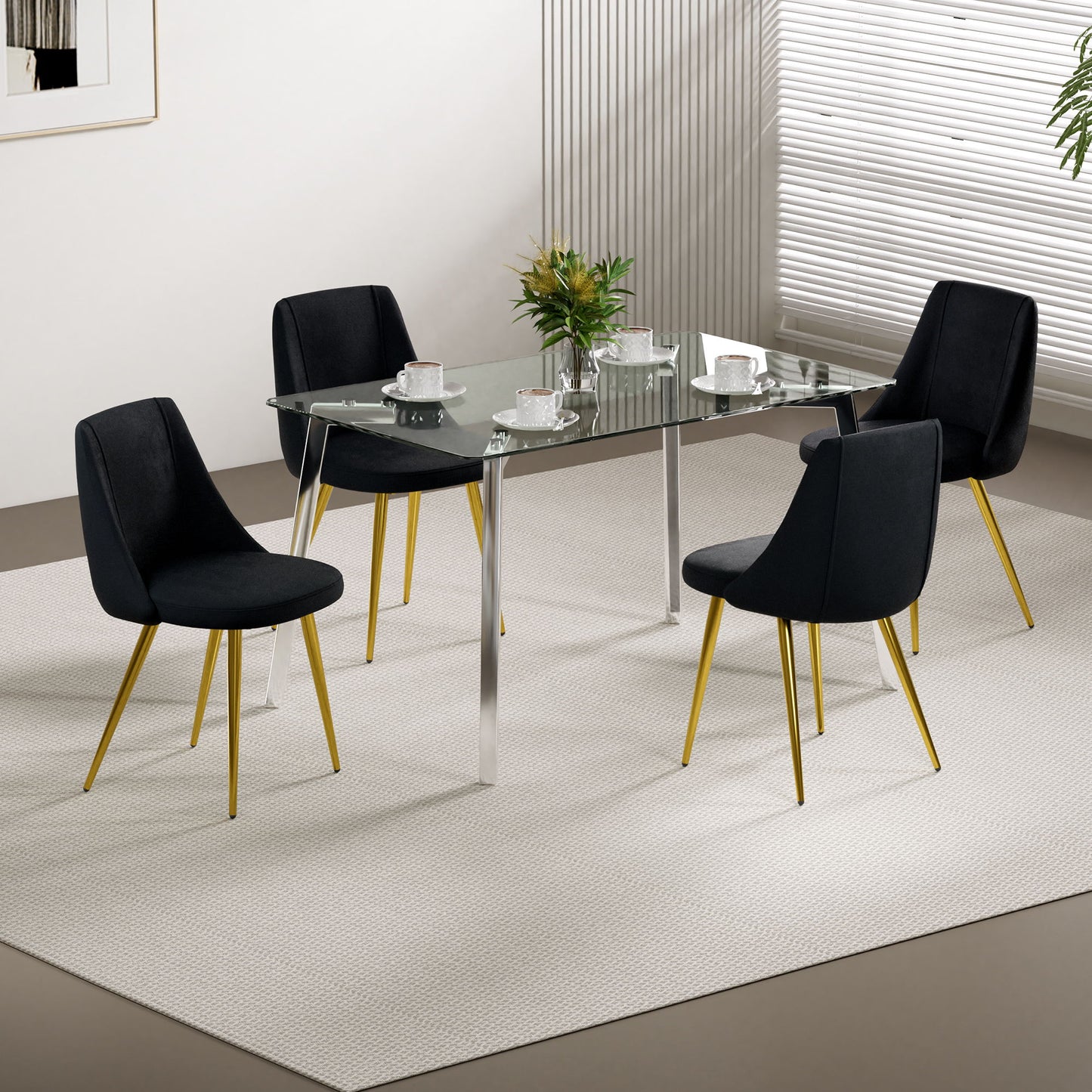 Modern Simple Velvet Dining Chair Set With Gold Metal Legs (Set of 4) - Black