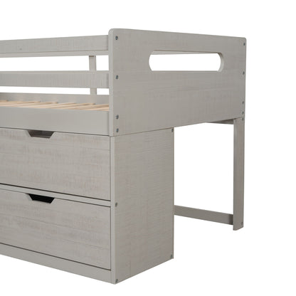 Twin Size Loft Bed With Two Shelves And Two Drawers - Antique Gray