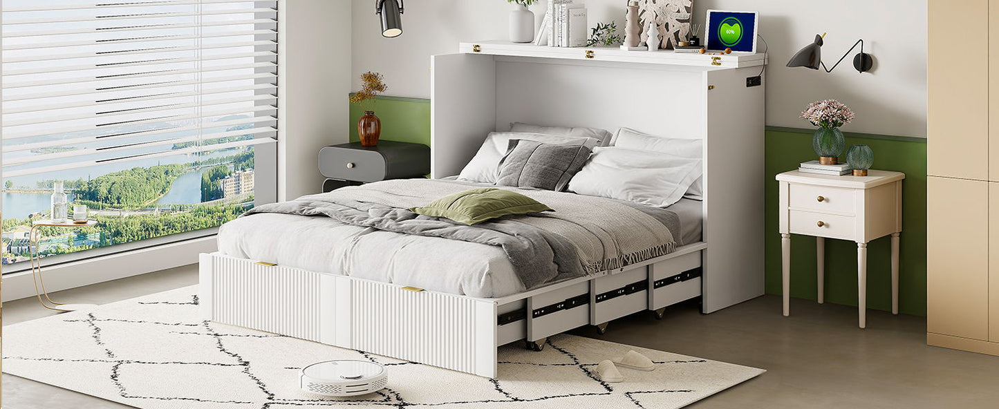 Full Size Murphy Bed With Drawer And A Set Of Sockets & USB Ports, Pulley Structure Design - White