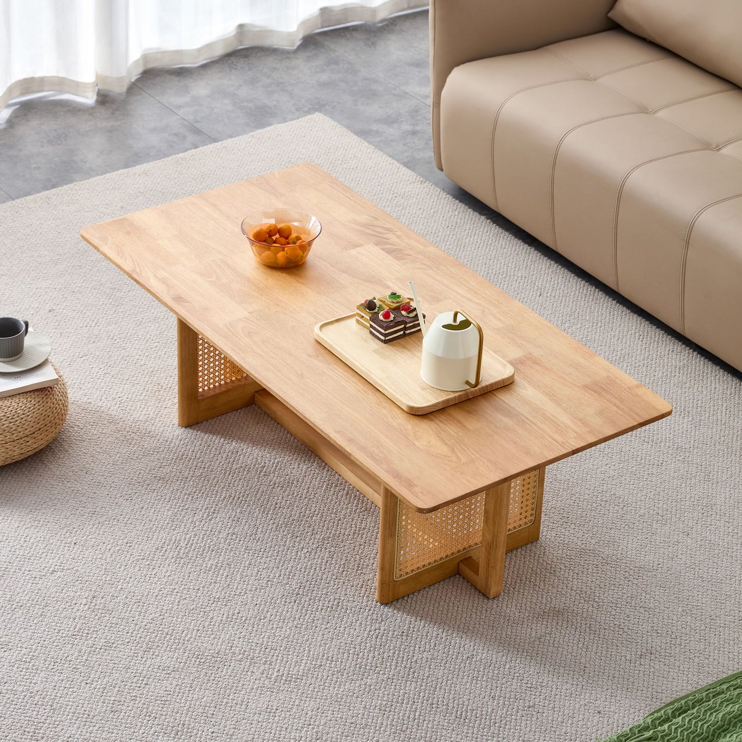 Rubber Wood And Solid Wood Coffee Table Modern Minimalist Rattan Weaving Design, Living Room Balcony, Multifunctional Small Sized Furniture - Natural