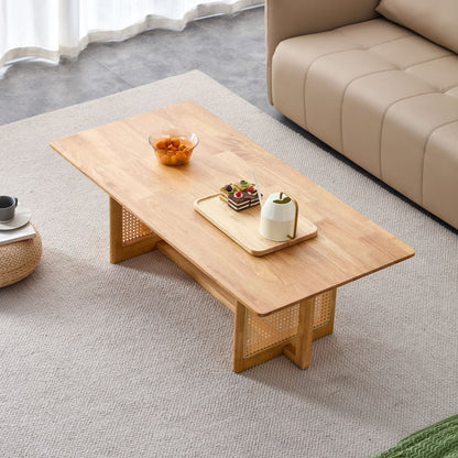Rubber Wood And Solid Wood Coffee Table Modern Minimalist Rattan Weaving Design, Living Room Balcony, Multifunctional Small Sized Furniture - Natural