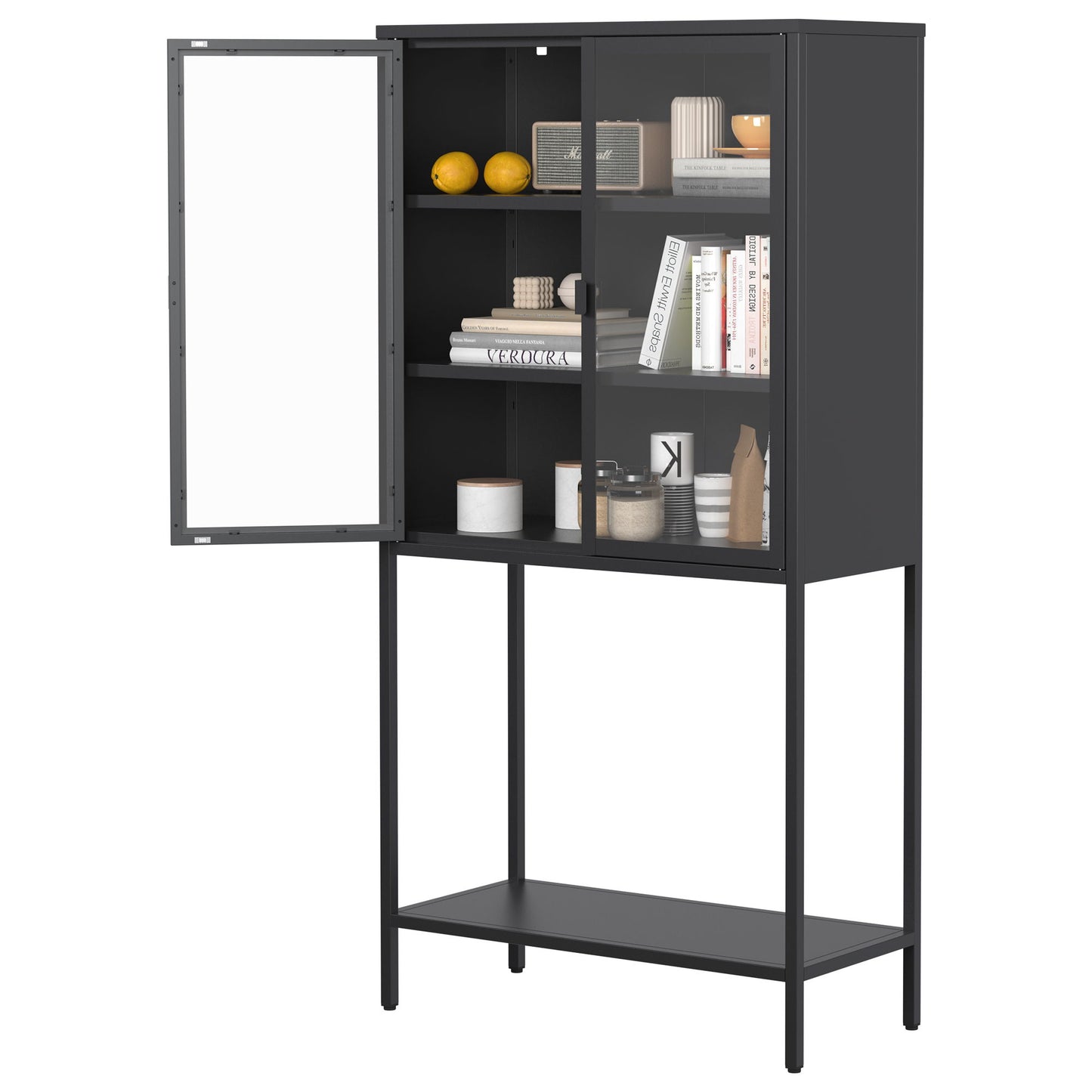 Heavy Duty Metal Storage Cabinet, Sideboards & Buffet, Display Storage Cabinet With Glass Doors And 2 Adjustable Shelves, Tall Bookcase Modern Bookshelf Cabinet For Home Office, Living Room - Black