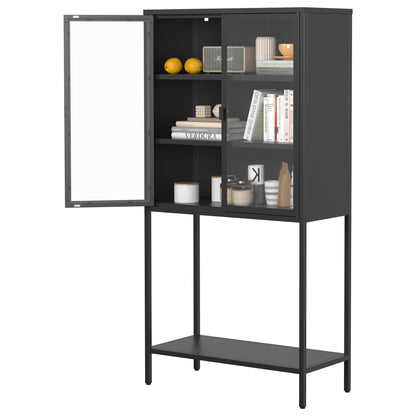 Heavy Duty Metal Storage Cabinet, Sideboards & Buffet, Display Storage Cabinet With Glass Doors And 2 Adjustable Shelves, Tall Bookcase Modern Bookshelf Cabinet For Home Office, Living Room - Black