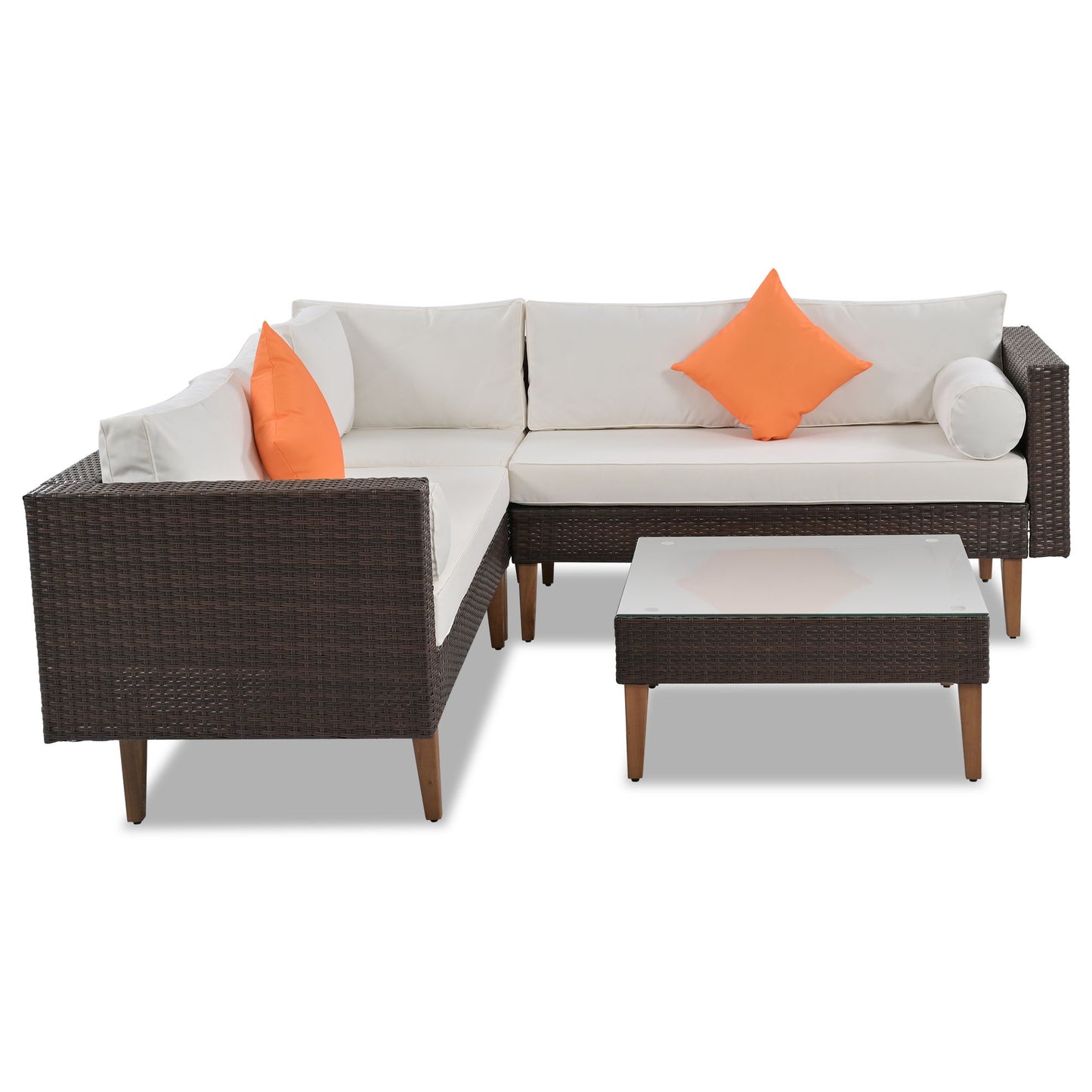 4 Pieces Outdoor Wicker Sofa Set, Patio Furniture With Colorful Pillows, L - Shape Sofa Set - Beige / Brown